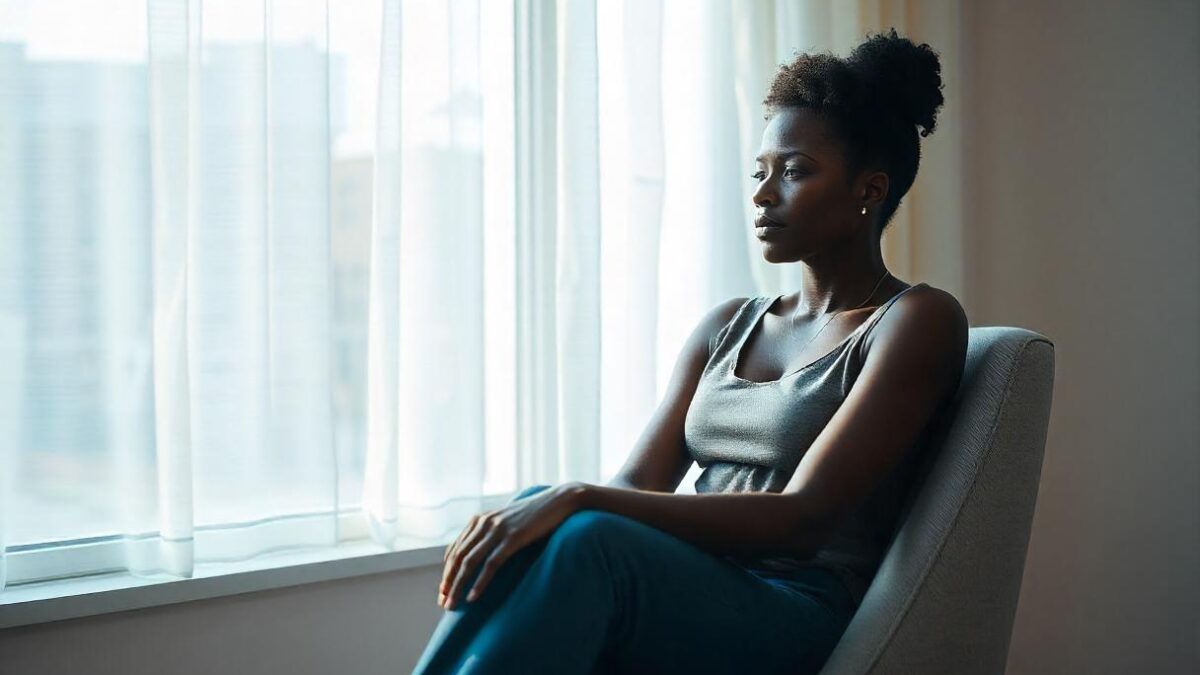 A black woman sitting alone on a comfortable chair in a serene room, looking out a large window with a thoughtful expression.