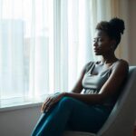 A black woman sitting alone on a comfortable chair in a serene room, looking out a large window with a thoughtful expression.