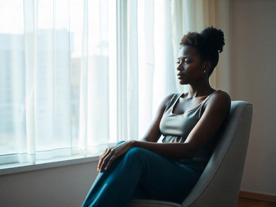 A black woman sitting alone on a comfortable chair in a serene room, looking out a large window with a thoughtful expression.